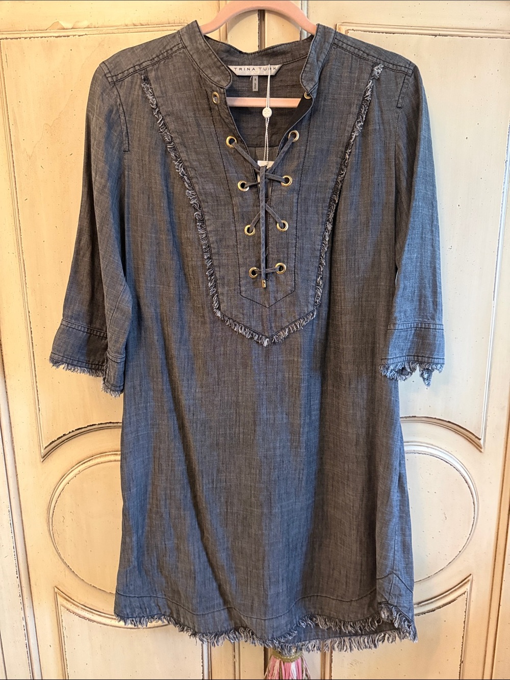 Trina Turk Chambray Lace-Up Tunic Dress - Blue-Gray